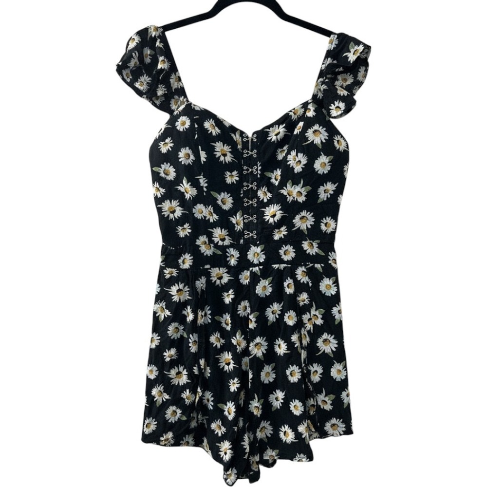 American Rag Daisy Floral Romper S Black Ruffle Sleeve Cottagecore Boho